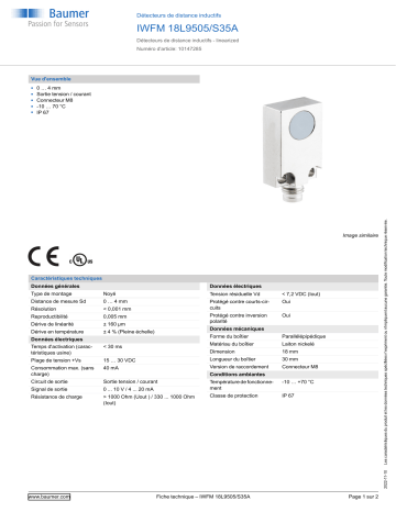 Baumer IWFM 18L9505/S35A Inductive distance sensor Fiche technique | Fixfr