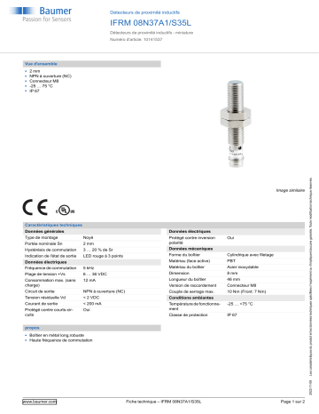 Baumer IFRM 08N37A1/S35L Inductive proximity switch Fiche technique | Fixfr