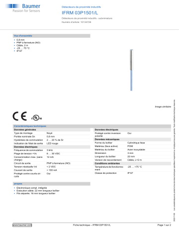 Baumer IFRM 03P1501/L Inductive proximity switch Fiche technique | Fixfr