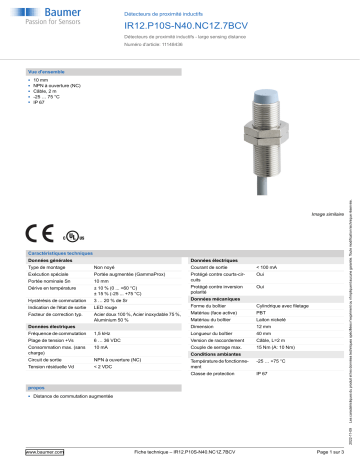 Baumer IR12.P10S-N40.NC1Z.7BCV Inductive proximity switch Fiche technique | Fixfr