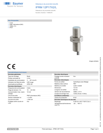 Baumer IFRM 12P17X2/L Inductive proximity switch Fiche technique | Fixfr