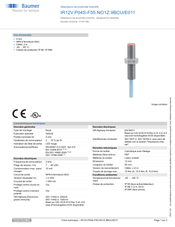 Baumer IR12V.P04S-F55.NO1Z.9BCU/E011 Inductive proximity switch Fiche technique | Fixfr