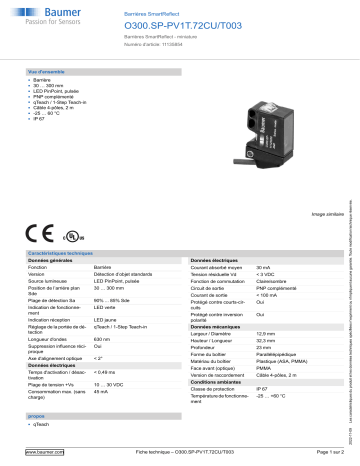 Baumer O300.SP-PV1T.72CU/T003 SmartReflect Light barrier Fiche technique | Fixfr