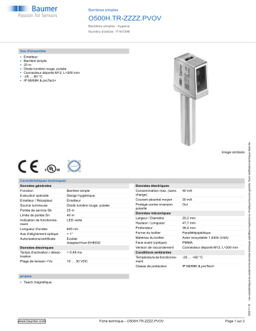 Baumer O500H.TR-ZZZZ.PVOV Through beam sensor Fiche technique | Fixfr