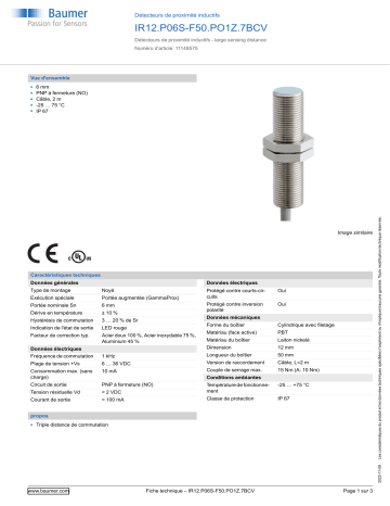 Baumer IR12.P06S-F50.PO1Z.7BCV Inductive proximity switch Fiche technique | Fixfr