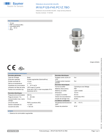 Baumer IR18.P12S-F45.PC1Z.7BO Inductive proximity switch Fiche technique | Fixfr