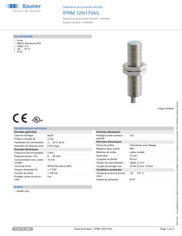 Baumer IFRM 12N1704/L Inductive proximity switch Fiche technique | Fixfr