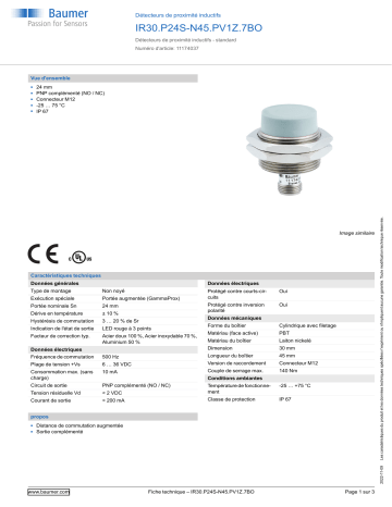 Baumer IR30.P24S-N45.PV1Z.7BO Inductive proximity switch Fiche technique | Fixfr