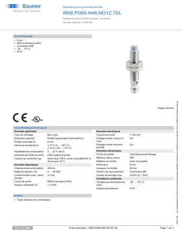 Baumer IR08.P06S-N46.NO1Z.7SL Inductive proximity switch Fiche technique | Fixfr