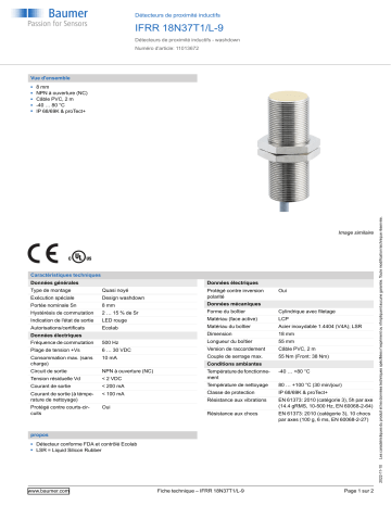 Baumer IFRR 18N37T1/L-9 Inductive proximity switch Fiche technique | Fixfr