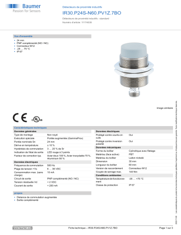 Baumer IR30.P24S-N60.PV1Z.7BO Inductive proximity switch Fiche technique | Fixfr