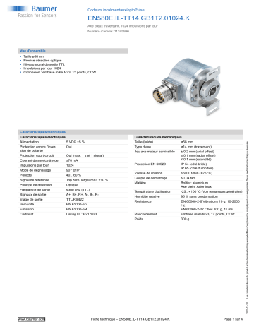 Baumer EN580E.IL-TT14.GB1T2.01024.K Incremental encoder Fiche technique | Fixfr