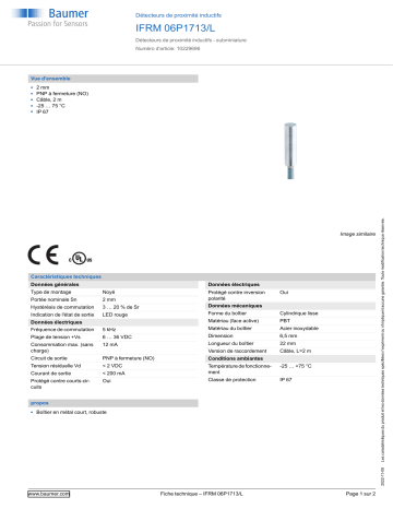 Baumer IFRM 06P1713/L Inductive proximity switch Fiche technique | Fixfr