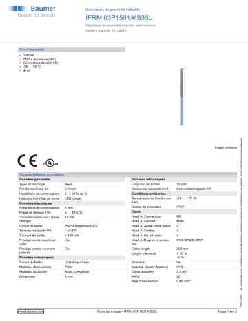 Baumer IFRM 03P1501/KS35L Inductive proximity switch Fiche technique | Fixfr