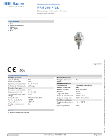 Baumer IFRM 08N1713/L Inductive proximity switch Fiche technique | Fixfr