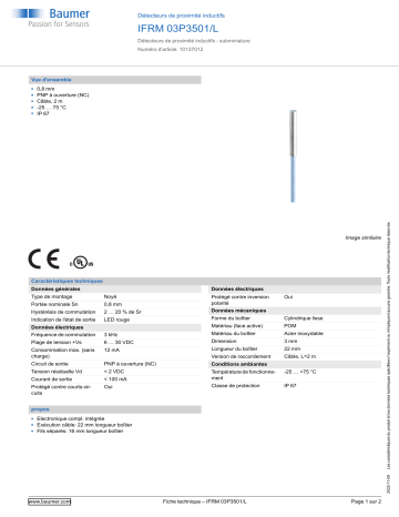 Baumer IFRM 03P3501/L Inductive proximity switch Fiche technique | Fixfr