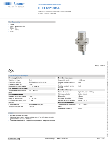 Baumer IFRH 12P1501/L Inductive sensors special version Fiche technique | Fixfr