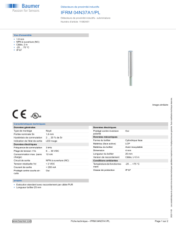 Baumer IFRM 04N37A1/PL Inductive proximity switch Fiche technique | Fixfr