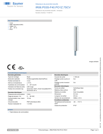 Baumer IR06.P03S-F40.PO1Z.7SCV Inductive proximity switch Fiche technique | Fixfr