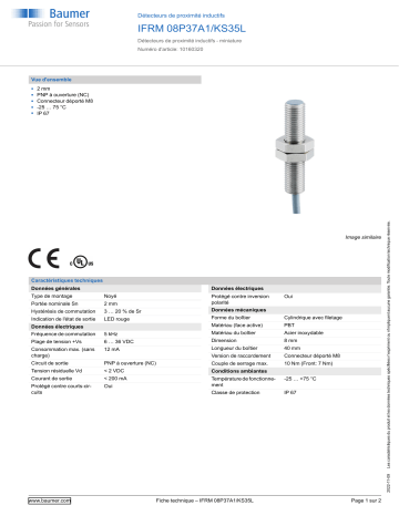 Baumer IFRM 08P37A1/KS35L Inductive proximity switch Fiche technique | Fixfr