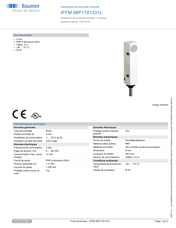 Baumer IFFM 08P1701/O1L Inductive proximity switch Fiche technique | Fixfr