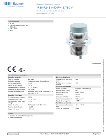 Baumer IR30.P24S-N50.PV1Z.7BCV Inductive proximity switch Fiche technique | Fixfr