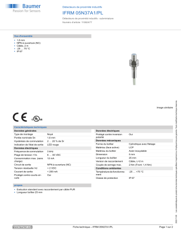 Baumer IFRM 05N37A1/PL Inductive proximity switch Fiche technique | Fixfr