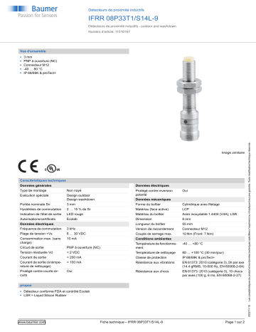 Baumer IFRR 08P33T1/S14L-9 Inductive proximity switch Fiche technique | Fixfr