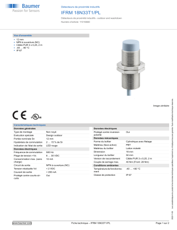 Baumer IFRM 18N33T1/PL Inductive proximity switch Fiche technique | Fixfr