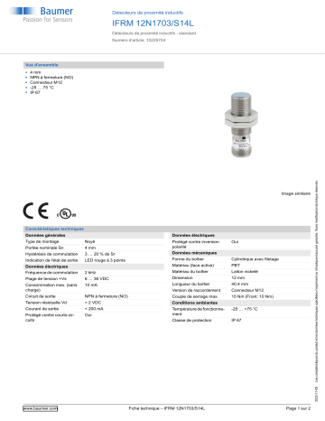 Baumer IFRM 12N1703/S14L Inductive proximity switch Fiche technique | Fixfr