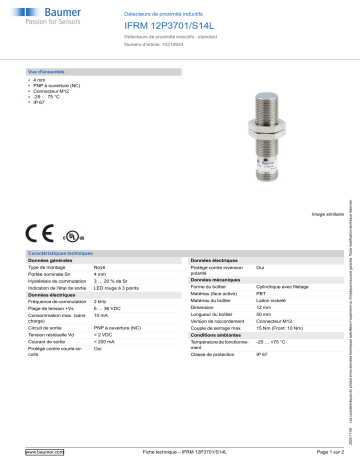 Baumer IFRM 12P3701/S14L Inductive proximity switch Fiche technique | Fixfr