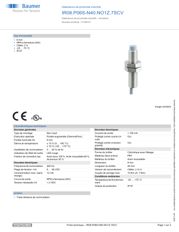 Baumer IR08.P06S-N40.NO1Z.7SCV Inductive proximity switch Fiche technique | Fixfr