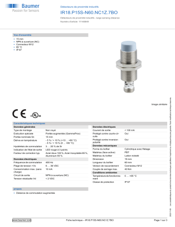 Baumer IR18.P15S-N60.NC1Z.7BO Inductive proximity switch Fiche technique | Fixfr