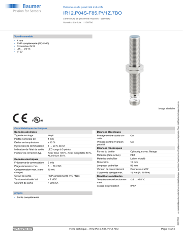 Baumer IR12.P04S-F85.PV1Z.7BO Inductive proximity switch Fiche technique | Fixfr