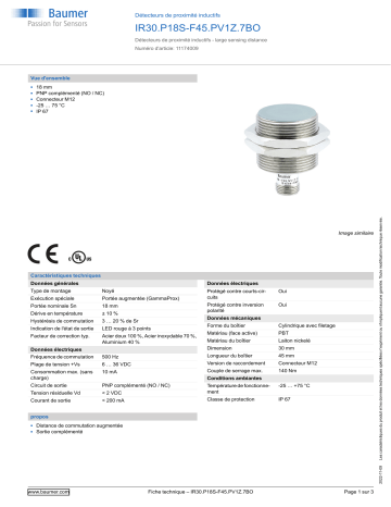 Baumer IR30.P18S-F45.PV1Z.7BO Inductive proximity switch Fiche technique | Fixfr