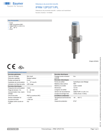 Baumer IFRM 12P33T1/PL Inductive proximity switch Fiche technique | Fixfr