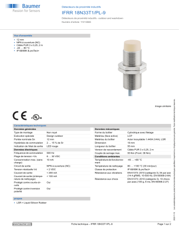 Baumer IFRR 18N33T1/PL-9 Inductive proximity switch Fiche technique | Fixfr