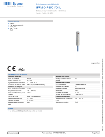 Baumer IFFM 04P3501/O1L Inductive proximity switch Fiche technique | Fixfr