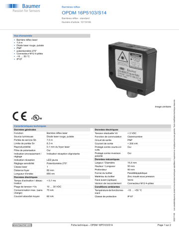 Baumer OPDM 16P5103/S14 Retro-reflective sensor Fiche technique | Fixfr