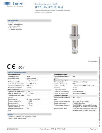 Baumer IFRR 12N17T1/S14L-9 Inductive proximity switch Fiche technique | Fixfr