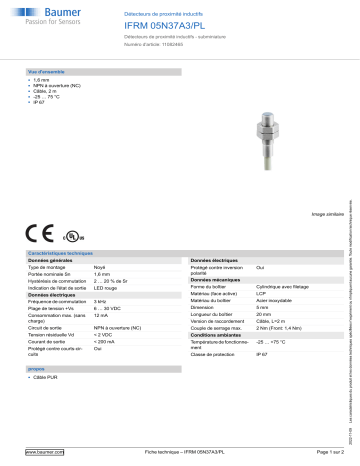 Baumer IFRM 05N37A3/PL Inductive proximity switch Fiche technique | Fixfr