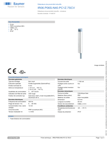 Baumer IR06.P06S-N40.PC1Z.7SCV Inductive proximity switch Fiche technique | Fixfr