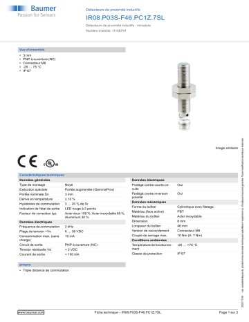 Baumer IR08.P03S-F46.PC1Z.7SL Inductive proximity switch Fiche technique | Fixfr