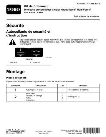 Toro Float Kit, GrandStand Multi Force Mower or Snow Machine Riding Product Guide d'installation | Fixfr