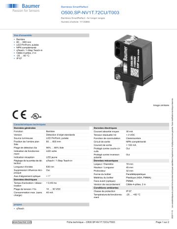 Baumer O500.SP-NV1T.72CU/T003 SmartReflect Light barrier Fiche technique | Fixfr