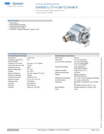 Baumer EN580E.IL-TT14.GB1T2.04096.K Incremental encoder Fiche technique | Fixfr