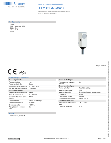 Baumer IFFM 08P3703/O1L Inductive proximity switch Fiche technique | Fixfr