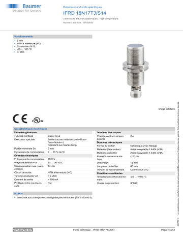 Baumer IFRD 18N17T3/S14 Inductive sensors special version Fiche technique | Fixfr