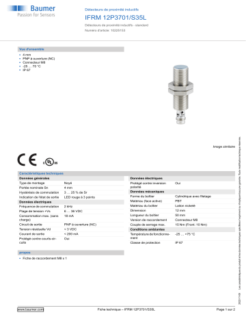 Baumer IFRM 12P3701/S35L Inductive proximity switch Fiche technique | Fixfr