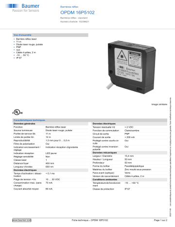 Baumer OPDM 16P5102 Retro-reflective sensor Fiche technique | Fixfr